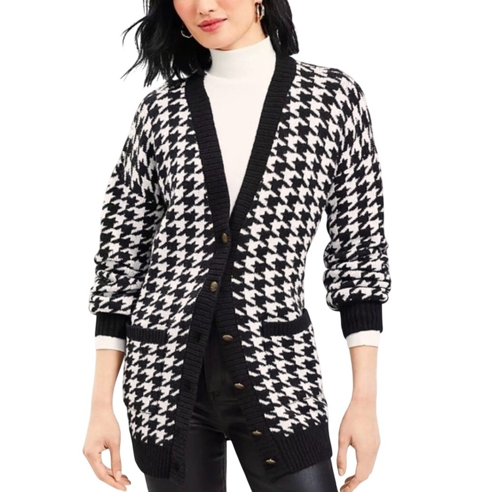 LOFT Cardigan Sweater Women S Oversized Black White Houndstooth Classic Preppy